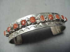 SMALL WRIST VINTAGE NAVAJO CORAL STERLING SILVER STAMPED BRACELET picture