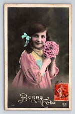 c1913 RPPC French Hand Printed Portrait of Young Girl Pink Dress Flower Postcard picture