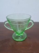 Vintage Vaseline Glass Green 2 Handled Sugar Bowl With Shamrock Pattern picture