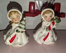 Vintage Napco Snowflake Christmas Girls Holding Candy Cane & Tree LOOK picture