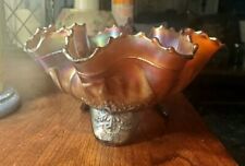 Vintage Rare Purple & Blk Sunflower Emb. Carnival Glass Ruffled Serv. Bwl Footed picture