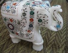 10 Inches Marble Table Master Piece Semi Precious Stone Inlaid Elephant Statue picture