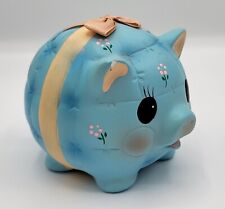 Enesco Ceramic Piggy Bank.  Blue with pink ribbon, and real ribbon bow. picture