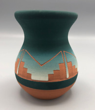 Native American Sioux Etched Hand Painted Pottery Vase 3 1/2