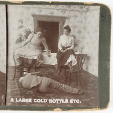 Drunk Man Collapsed on Floor Stereoview c1900 Large Cold Bottle Women Card B2057 picture