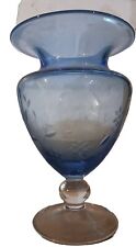 Vintage Cobalt Blue Glass  Ball Stem Etched Flowers  Pedestal Vase 10