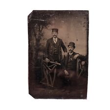Antique Tintype Studio Photo 2 Men Gate Bowler Hat Train Conductor Mustaches picture