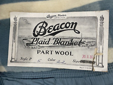 Vintage Beacon Plaid Blanket Part Wool RARE SIZE- NOS With Tag Blue '40s/50s picture