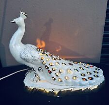 Vintage HOLLAND Mold WHITE PEARLESCENCE Ceramic PEACOCK Lamp 15