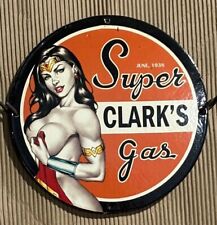 UNIQUE 1938 SUPER CLARK’S GAS USA GIRL PINUP PORCELAIN ENAMEL STORE SIGN picture