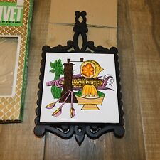 Vtg Cast Iron Frame Decorated Tile Trivet 5240 Action Industries Japan In Box picture