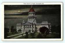 State Capitol at Night Springfield Illinois Street View Vintage Postcard E1 picture