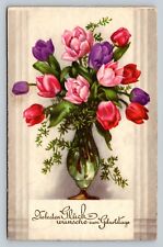 c1936 Red Purple & Pink Tulips Birthday Wishes Embossed Vintage Postcard 1124 picture