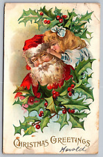 Christmas Greetings Antique Embossed Postcard c1908 w/ Interesting Santa & Girl picture