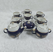 Vintage Ukrainian Cobalt Blue and White with Gold Porcelain Coffee Tea Set 18 pc picture