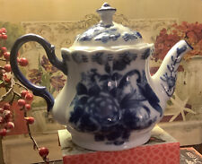 Flow Blue~Blue & White~Floral Teapot~7”H x 8.25”Beautiful/Detailed~FREE SHIP 💙 picture