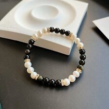 Women Natural Black Obsidian White Pearl Vintage 14K Gold 6mm Stretch Bracelet picture