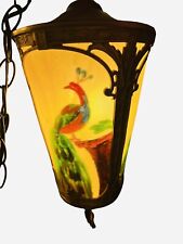 Antique Reverse Painted Gilded Filigree Peacock Panel Glass Pendant Lamp 1920’s picture