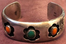 Beautiful Navajo Silver Floral Shaped Shadowboxed Bracelet w Coral & Turquoise  picture