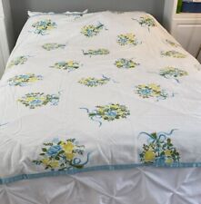 Vintage Satin Trim Blanket Twin White Blue Yellow  Floral Rose Cottage Farmhouse picture