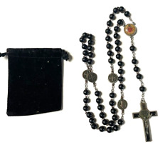 Vtg. Jesus Crucifix Catholic Rosary Black Beads 20.5