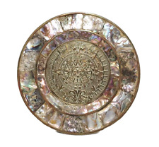 Vintage Handmade Mother Of Pearl Mexican Mayan Aztec Calendar Copper Wall Plate  picture