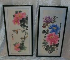 Chinese Floral Bird Brush Paintings Pink Blue Purple Artist Signed Pair (2) picture