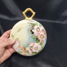 Antique Victorian  Porcelain Hand Mirror Ring Handle Beveled Glass Pink Roses 7