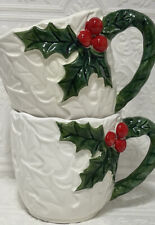 Lefton White Holly Berry #6066 1970/1971 Christmas Mugs Cups Vintage Set of 2 picture