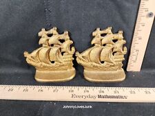 Vintage Cast Bookends Pair Boat Yacht Nautical Decor Pirate Ship Full Sails  picture