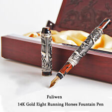 Fuliwen 806 14K Gold Nib Fountain Pen Eight Horse Medium Point Wood Gift Box picture
