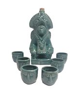 Aztec tiki rum bottle Decanter & 6 Shot Glasses Pottery Bar Set  picture