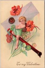 c1910s VALENTINE'S DAY Embossed Postcard Cupid Baby in a Weird, Suggestive Pose picture