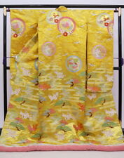 Uchikake Kimono Japan Yellow Gold Used Flowers In Full Bloom Pine Circle With Bu picture