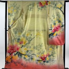 Japanese Silk Kimono Vintage Furisode Gold Yellow Flower Grass Branch Red 62
