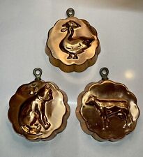 3 Copper Animal Decorative Hanging Jello Molds. Cat, Cow, and Goose picture