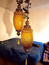 Vintage Swag Lamp Pair Amber Orange Hollywood Regency Antique Light Hanging... picture