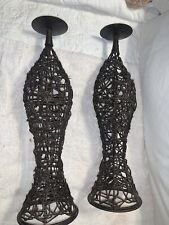 BROWN WICKER CANDLER PILLAR HOLDERS Set/2 HEIGHT: 19”/BASE: 4”/6” picture