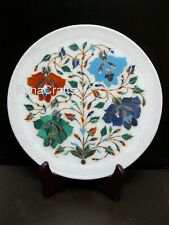 10 Inches Shiny Gemstone Inlay Work Decorative Plate White Marble Giftable Plate picture