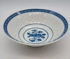 Vintage Chinese Blue & White Rice Grain Floral Large Serving Bowl 7  1/2”D picture