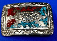 Turquoise & Coral chip Inlay Vintage Sterling Silver Navajo RU? Belt Buckle picture