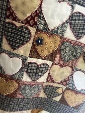 Vintage Handmade Cottage Cutter Quilt Hearts Buttons Twin Lovely But w Holes picture
