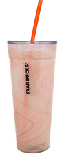 Starbucks Marble Swirl Pink Peach Orangge Glass Cold Cup Tumbler Lid Straw 20 oz picture