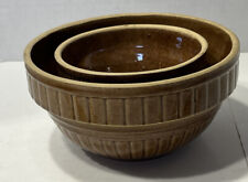 Vtg USA Stoneware Crockery Brown Mixing Bowl Set 5” & 7” Ribbed Panel Design picture
