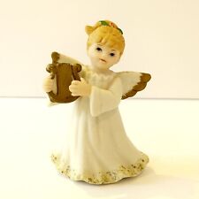 Vintage Lefton Christmas Angel Harp Instrument Holly Ceramic Dated 1987 GZL6328 picture