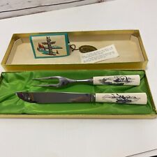 VINTAGE ANTON WINGEN GERMANY ALASKA SCRIMSHAW ART CARVING FORK KNIFE SET KNIVES picture