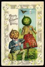 HALLOWEEN Postcard 1911 Embossed JOL Scarecrow Dressed Pumpkin Bat picture