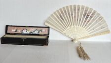 Antique  1850s Chinese Silk Embroidery Dragon  Bone Frame Fan & Lacquered Box picture