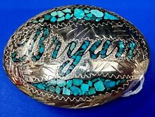 Custom Name Bryan Vintage C & L Turquoise Chip Inlay Inlaid Belt Buckle picture
