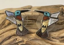 VINTAGE ZUNI MULTI STONE INLAY HUMMINGBIRD STUD EARRINGS ~ Handmade Intricate ￼ picture